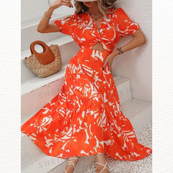 Maxi Boho Mandarin & White All-Over Sundress XL NIB - Picture 1 of 10